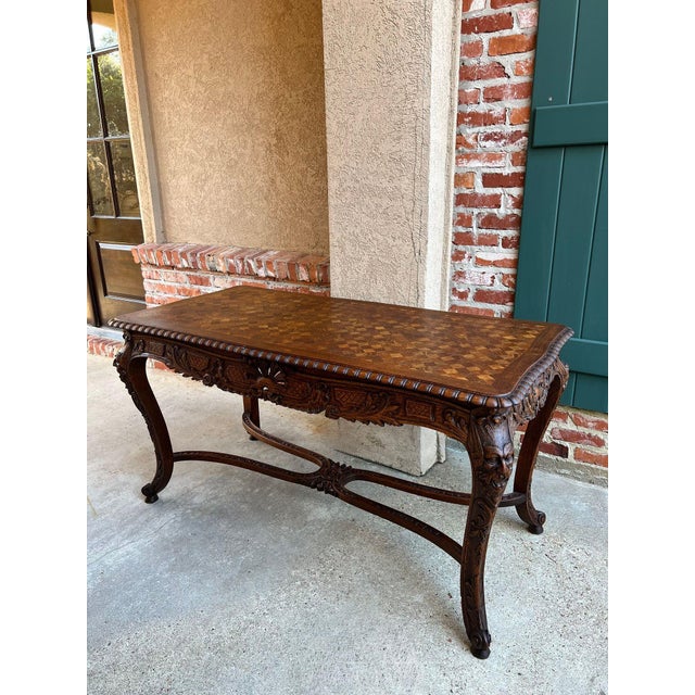 Antique French Center Library Table Louis XV Carved Oak Rococo Parquetry C1890 For Sale - Image 14 of 18