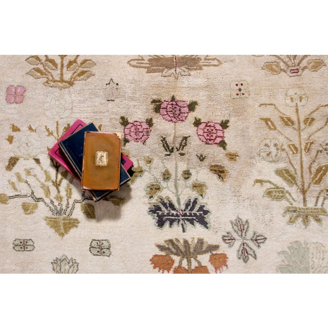 Mid 19th Century Antique Mid 1800s Allover Botanical Figurative Tan Burgundy Mustard Hand Knotted Wool Low Pile Rug 13’11“ X 15’1“ For Sale - Image 5 of 11