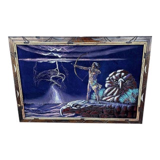 Mid-Century Native Archer & Eagle Oil Velvet in Carved Frame by Ernesto Sanchez For Sale