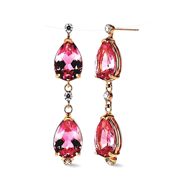 Metal 14k Yellow Gold Natural Pink Topaz and Diamond Long Drop Earrings For Sale - Image 7 of 12
