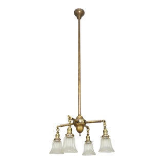 Mid 20th Century Traditional Brass 4 Arm Glass Shades Pole Chandelier For Sale