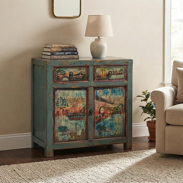 Chinese Distressed Turquoise Blue Old Graphic Credenza Cabinet For Sale - Image 10 of 11