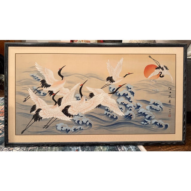Mid 20th Century Pair of Vintage Japanese Hand-Painted Silk Crane Paintings, Signed, 45" For Sale - Image 5 of 16