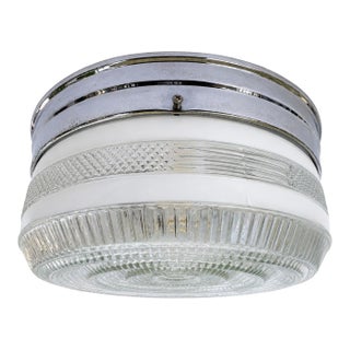 Vintage 1940s Art Deco Clear & White Pressed Glass Chrome Flush Mount Ceiling Light For Sale