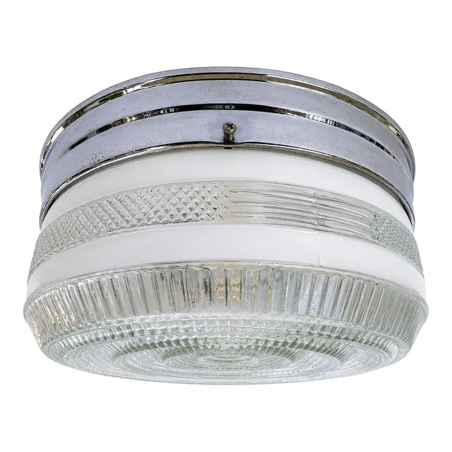 Vintage 1940s Art Deco Clear & White Pressed Glass Chrome Flush Mount Ceiling Light For Sale