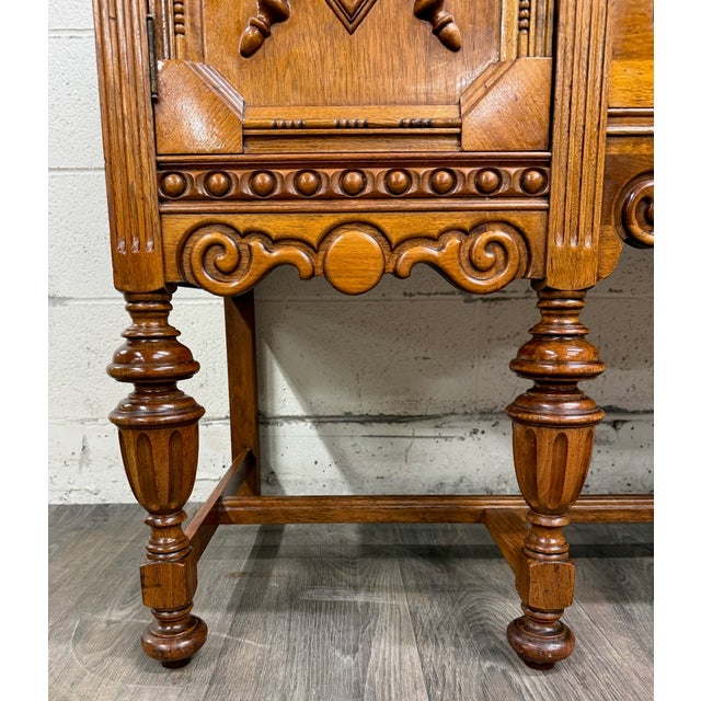 Jacobean Vintage American Jacobean Tudor Revival Walnut Buffet Sideboard Server For Sale - Image 3 of 16