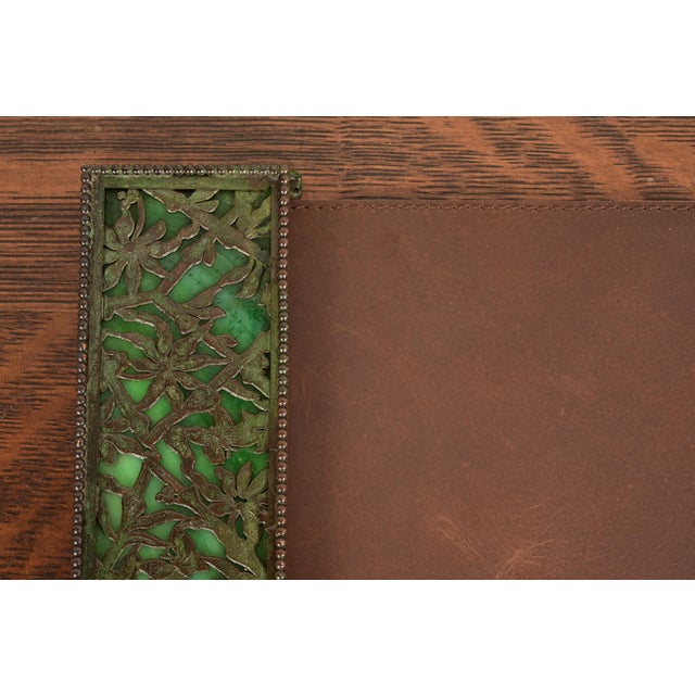 Apollo Studios New York Arts & Crafts Grapevine Pattern Bronze and Slag Glass Blotter Ends With Leather Desk Blotter For Sale In South Bend - Image 6 of 15