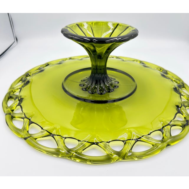 1950s Pitman-Drietzer Glass Avocado Green Cake Stand "Colony Lace" 14" Plate For Sale In Palm Springs - Image 6 of 8