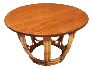 1950s Restored Mid-Century Rattan & Mahogany 3-Strand Round Drum Base Coffee Table