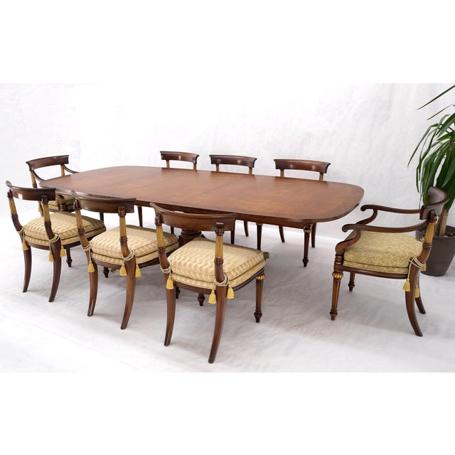 Brown Single Pedestal One Leaf Oval Banded Dining Table 8 Regency Chairs Set MINT! For Sale - Image 8 of 18