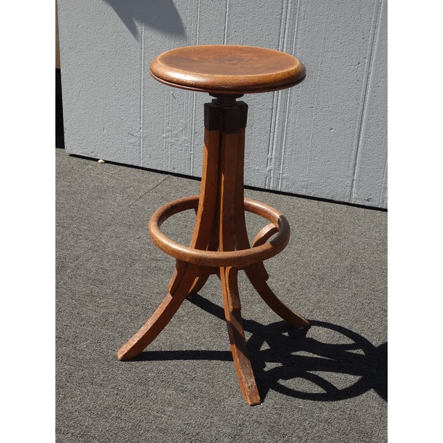 Wood Antique Industrial Adjustable Swivel Oak Drafting Stool Barstool 1of3 ~ # 1 For Sale - Image 7 of 16
