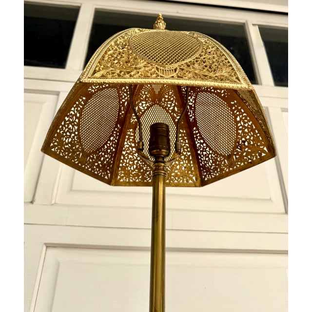 Mid 20th Century Tiered Wood Floor Lamp With Ornate Gold Filigree Shade For Sale - Image 10 of 12
