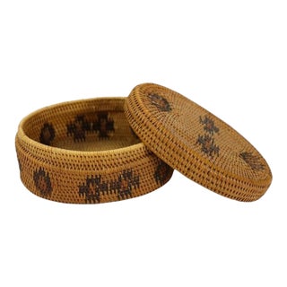 Antique Southwest American Woven Reed Lidded Oval Basket C1920 For Sale