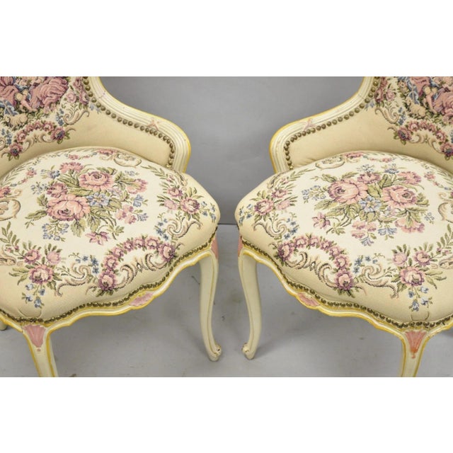Vintage French Louis XV Style Cream & Pink Painted Boudoir Slipper Chair - Pair For Sale - Image 11 of 14
