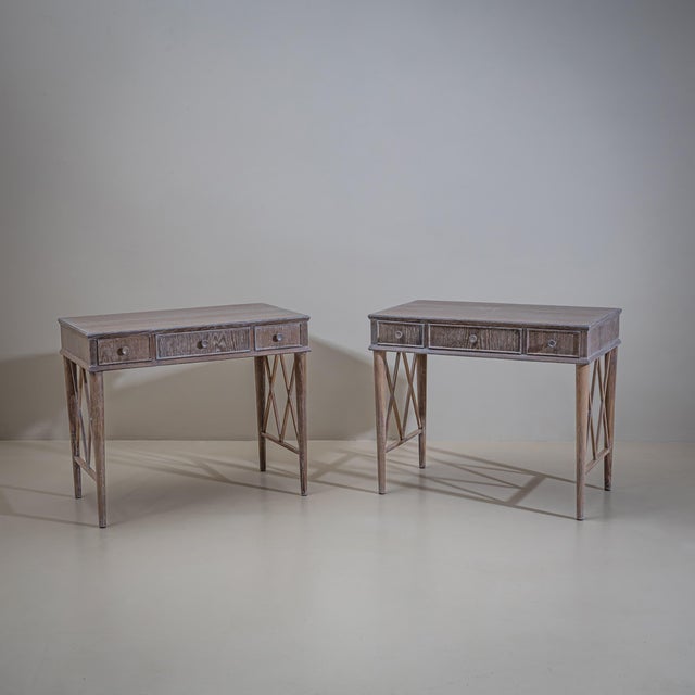 Pair of Mid-Century Modern Desks in Limed Oak, Lattice Design, 1950s For Sale - Image 11 of 14