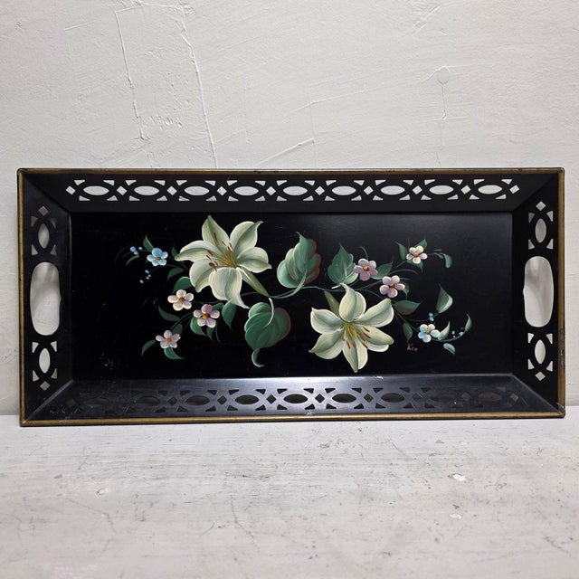 Old World English Toleware Bar Cart Tray, Grandmacore Living Room Ottoman Decor For Sale - Image 14 of 15