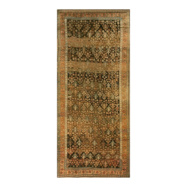 1890s Brown Geometric Caucasian Karabagh Shrub Rug 4'6" X 10"9" Handknotted Wool Carpet For Sale