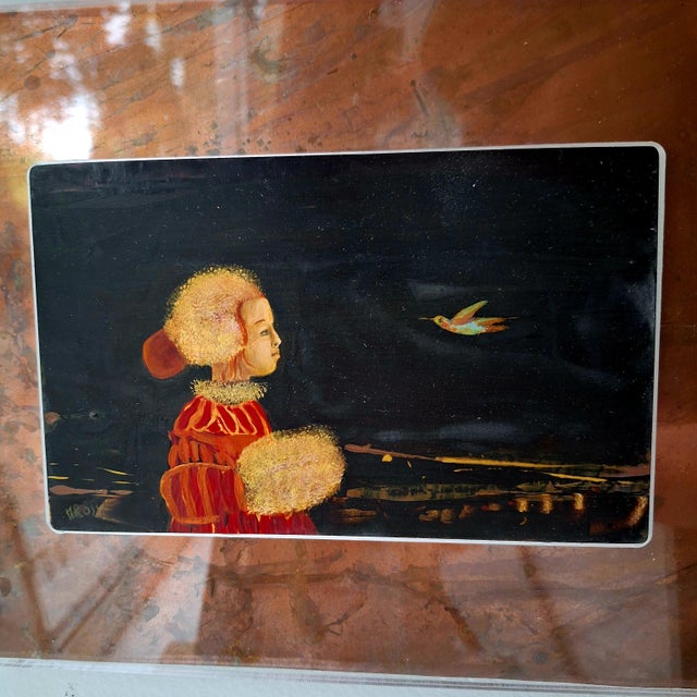 Monika Rossa, Girl with a Bird, Oil Painting, Framed, in Flawless conditions. Designed from 2000 This piece has an...