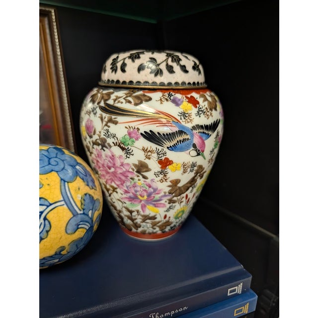 Chinese Vintage Chinese Porcelain Ginger Jar With Lid, Famille Rose Bird & Floral Decor For Sale - Image 3 of 15