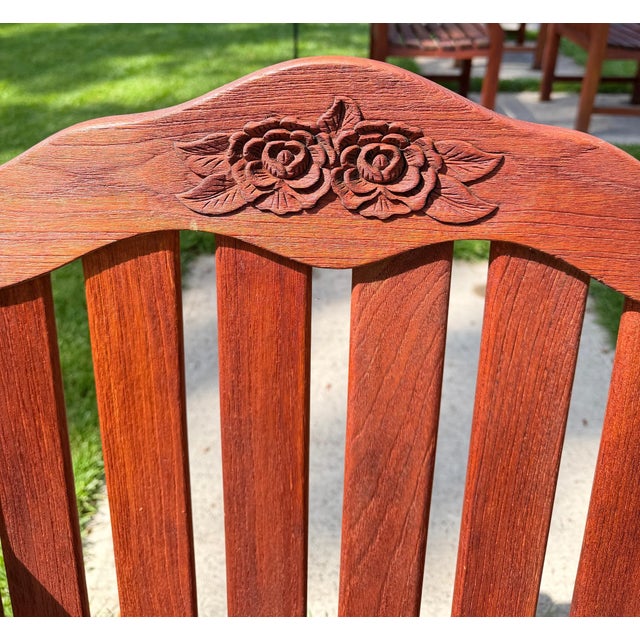 Wood 1990s Exceptional Vintage Hand-Carved Estate-Quality 5-Piece Solid Teak Patio Dining Set For Sale - Image 7 of 13