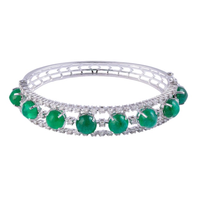 15.18 Carats Natural Zambian Emerald and 1.59 Cts Diamond Bracelet in 14k Gold For Sale