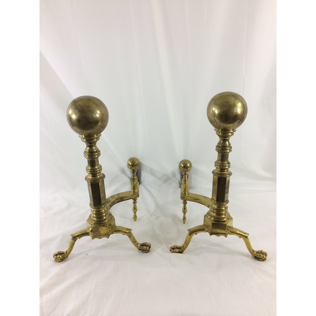 Beige Brass Cannonball Andirons - A Pair For Sale - Image 8 of 8