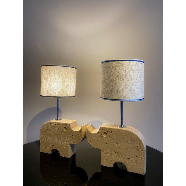 Pair of Table Lamps in Travertine Rincoveronte Fratelli Mannelli Florence, Italy 1970, elegant travertine stylized rhinos,...