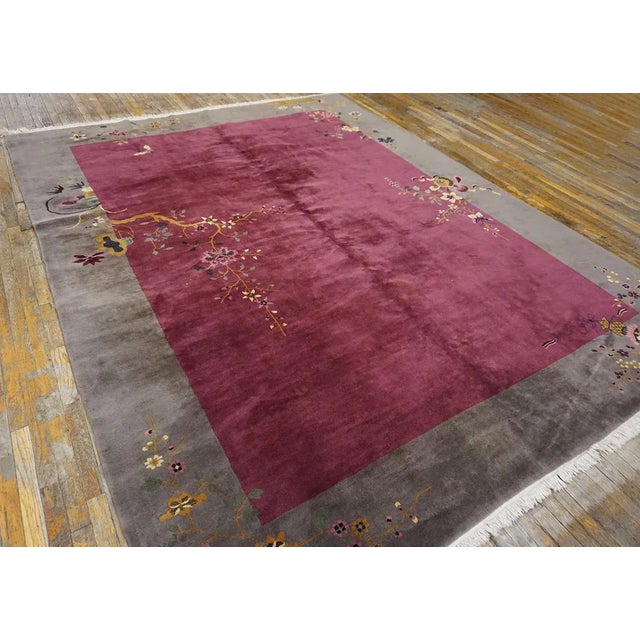 1920s Purple Floral Minimalist Antique Chinese Art Deco Rug 9' X 11' 4" Knotted Wool Carpet For Sale In New York - Image 6 of 10