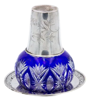 Silver and Cut Glass Night Bottle & Coaster with Flower Engravings, Set of 2