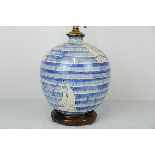 Blue and White Mid Century Studio Pottery Table Lamp With Sailing Motif and Dual Pull Chain Lights For Sale In Kansas City - Image 6 of 12
