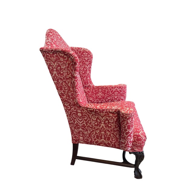 Queen Anne Elegant Queen Anne Wingback Chair in Coral Damask Upholstery With Carved Mahogany Frame For Sale - Image 3 of 12
