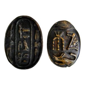 Alabaster Egyptian Scarabs Paper Weights With Hieroglyphics Inscriptions 1950s Handmade - Set of 2