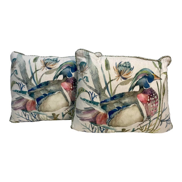 Pair of Bolster Pillows With a Colorful Duck Print - Made in U K For Sale
