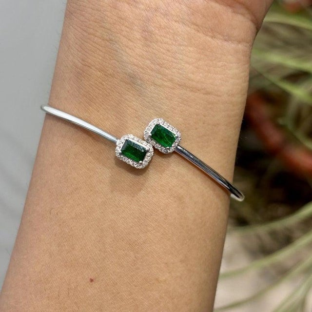 Fine Two-Stone Emerald & Diamond Bangle Bracelet in Sterling Silver For Sale - Image 10 of 13