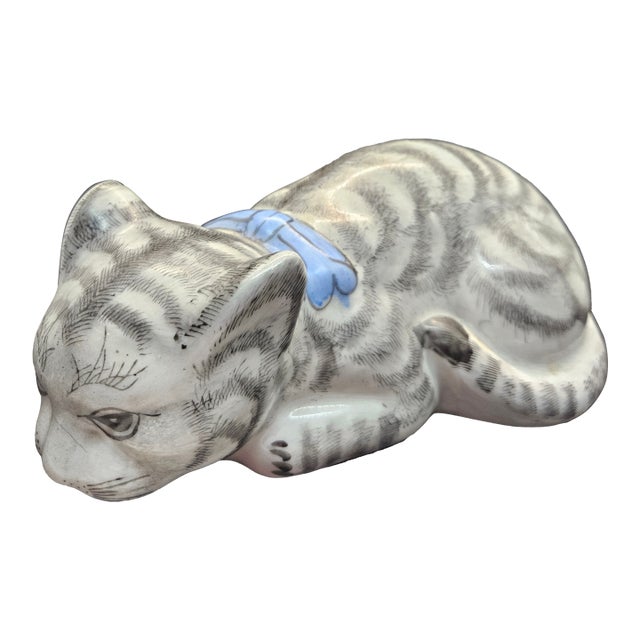 Vintage Chinese Porcelain Hand-Painted Cat Figurine For Sale