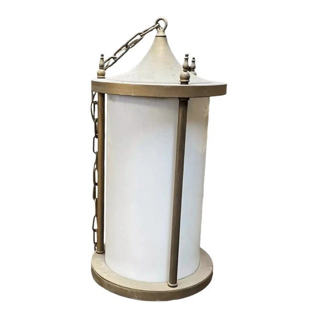 Vintage Milk Glass Brass Frame Hanging Hall Canopy Light Pendant For Sale