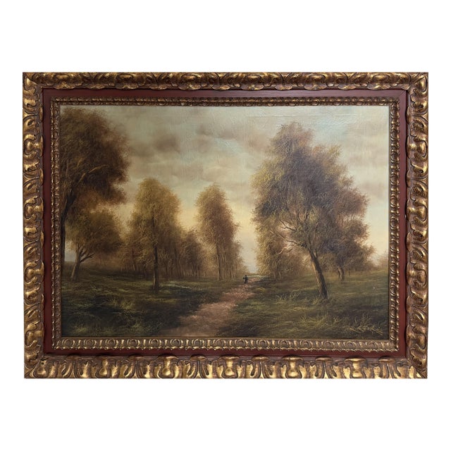 Large Antique European School Oil/Canvas Painting Signed Landscape Ornate Framed For Sale