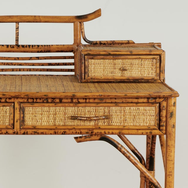 Vintage British Colonial Style Faux Burnt Bamboo and Grasscloth Pagoda Desk For Sale In West Palm - Image 6 of 16