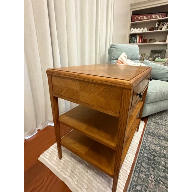 French Country Theodore Alexander Oak Parquetry Nightstand / Side Table With Drawer and Two Shelves For Sale - Image 3 of 8
