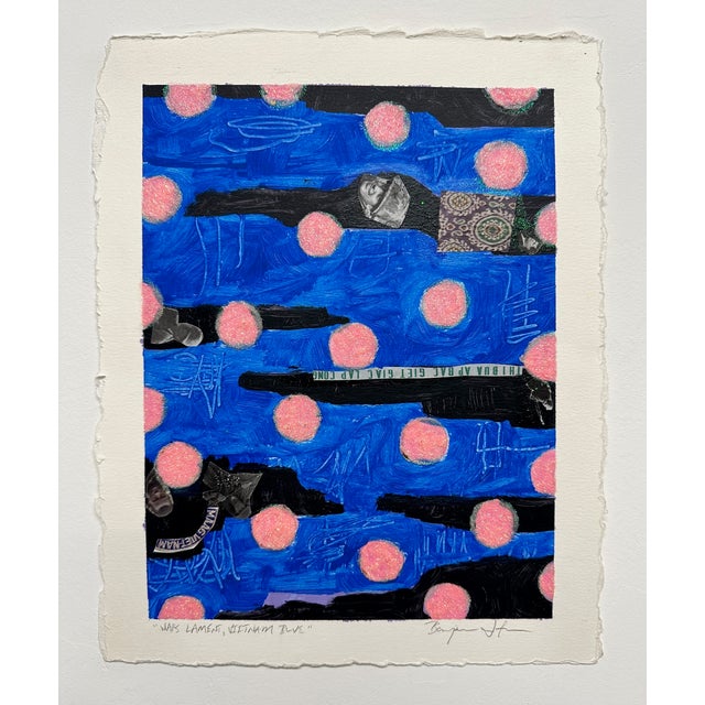 A colorful work on paper from mid career artist Ben Junta Acrylic, Collage, Pink Glitter on Paper 13.5" x 11.25"