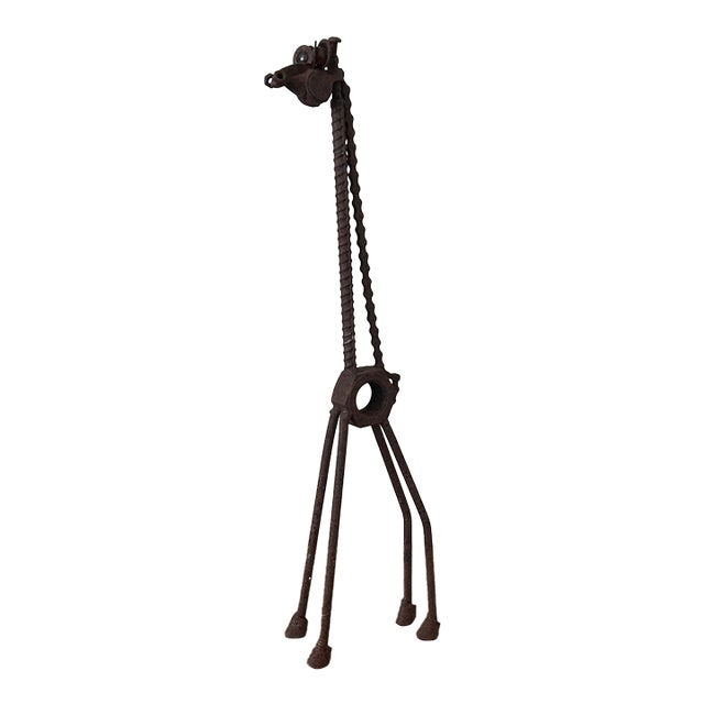Vintage Iron Whimsical Handcrafted Rusted Giraffe Sculpture For Sale