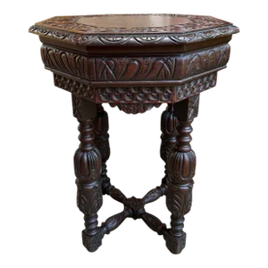 Petite Antique French Octagon Center Side Table Side End Renaissance Carved Oak