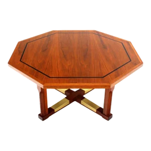 Mid Century Modern Walnut X Base Inlayed Octagon Shape Coffee Table