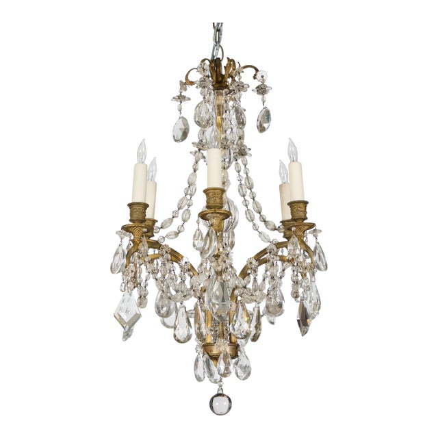 Antique Petite French 6 Light Gilt-Bronze and Crystal Chandelier For Sale