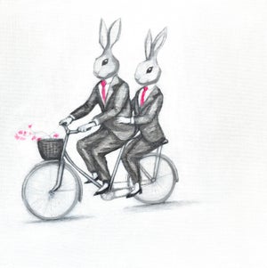 Fine Art Print of Whimsical Bunnies on a Bicycle by Max and Alma