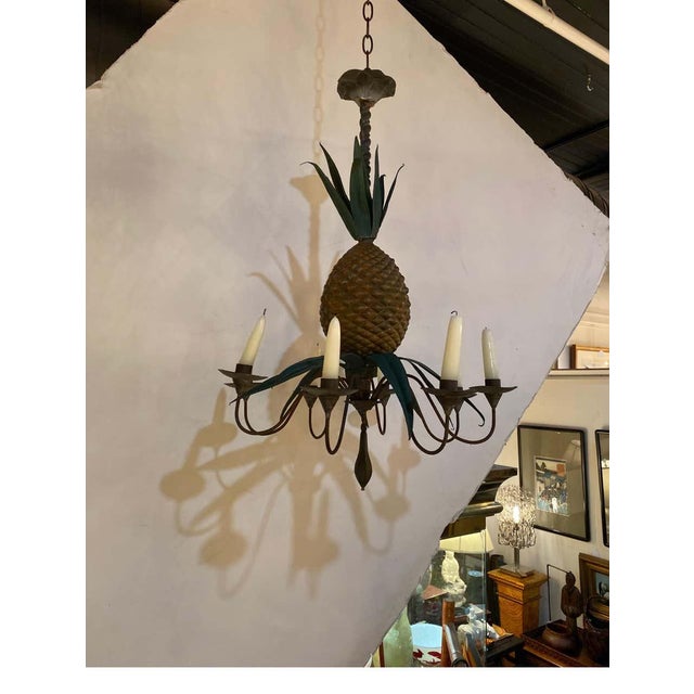 American Antique Painted Pineapple Tole and Zinc Candle Chandelier For Sale - Image 3 of 4