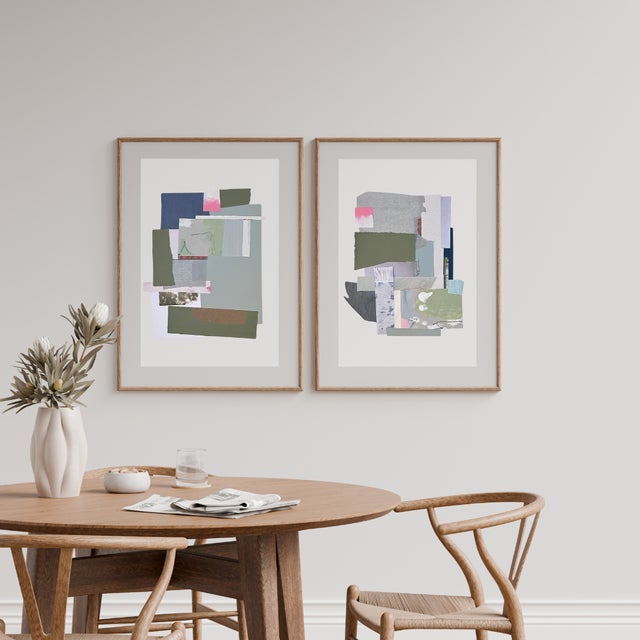 Mid-Century Modern Contemporary Collage Pair in Soft Neutrals — Original Mixed-Media by Mary Elizabeth Marvin For Sale - Image 3 of 4