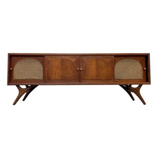 Long + Low Mid Century Modern Walnut and Cane Credenza | Sculptural Kagan Style Wishbone Leg Sideboard, C. 1960's For Sale