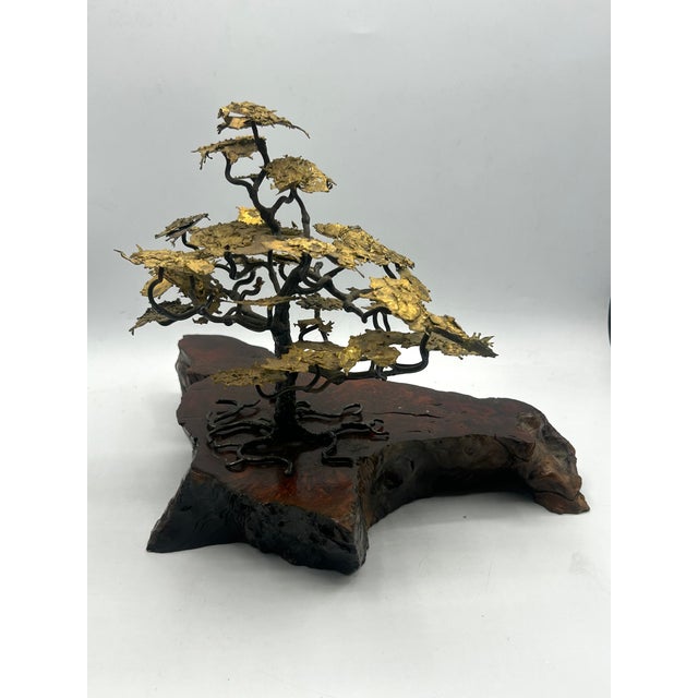 Mid-Century Brutalist Gilt Bronze Bonsai Tree Sculpture on Burl Wood Basee For Sale In Los Angeles - Image 6 of 18