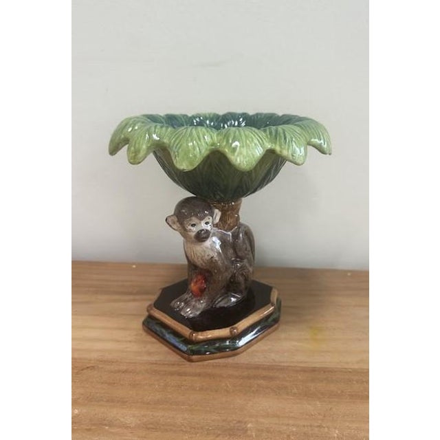 Vintage Majolica Style Ceramic Monkey Pedestal Bowl. Manufactured by CIC RW in China